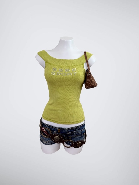 Bebe Sport Tops - VINTAGE Y2K Bebe Sport Lime Green Rhinestone Spellout Boat Neck Top